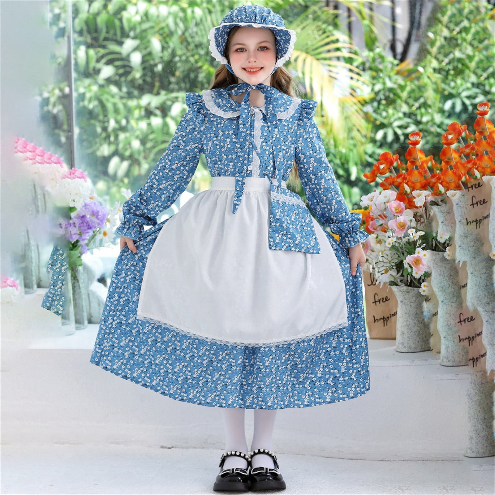 EnJoCho Prairie Dress Set for Girls 3 Piece Vintage Long Sleeve Dress with  Apron Bonnet Countryside Outfit 1800s Pioner Dress loral Ruffle Toddler  Dresses - Walmart.com