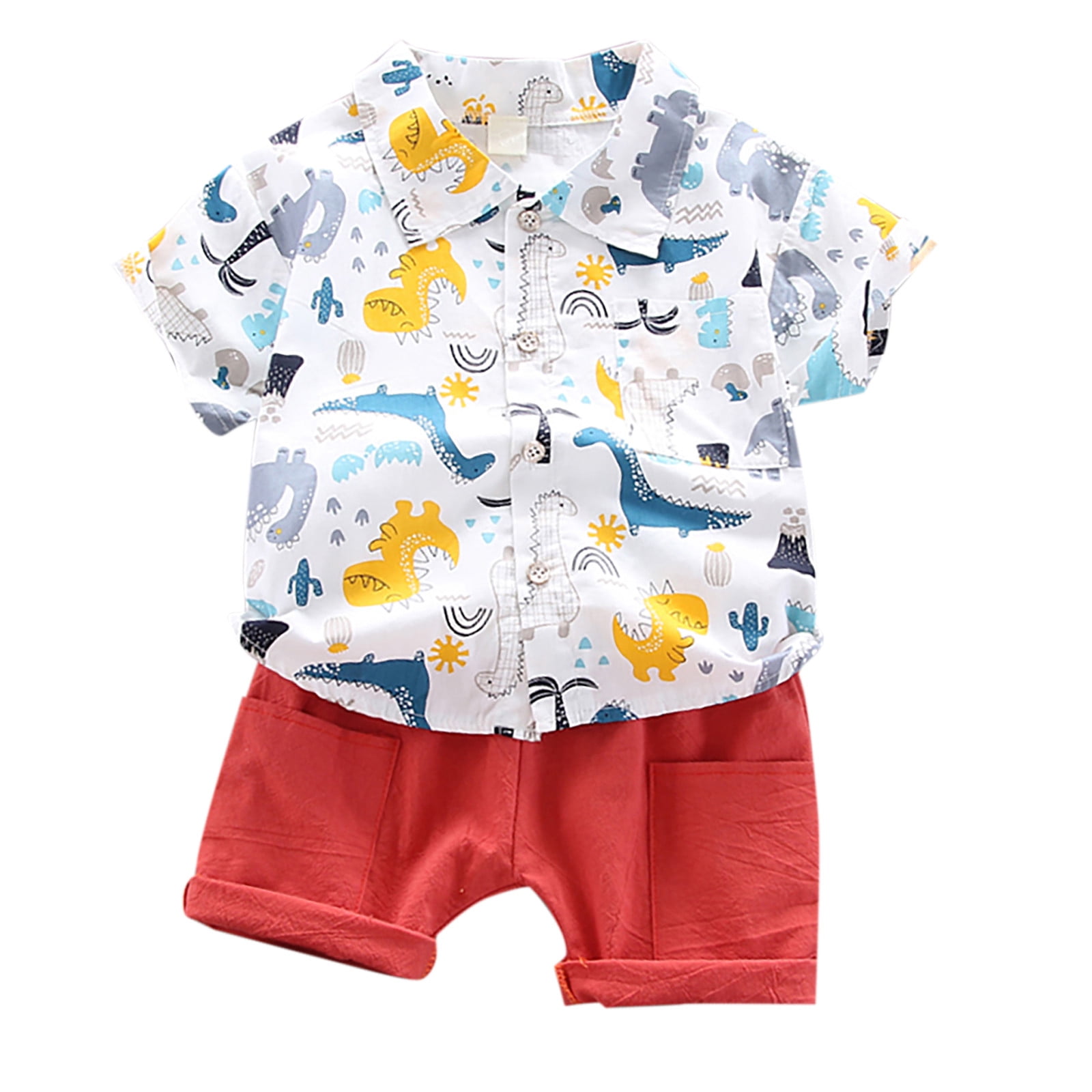 Summer Children Clothes Baby Boys Clothes Set Dinosaur Printed Turn-down Collar T-Shirts Tops+ Shorts 2PCS/Suit Infant Clothing