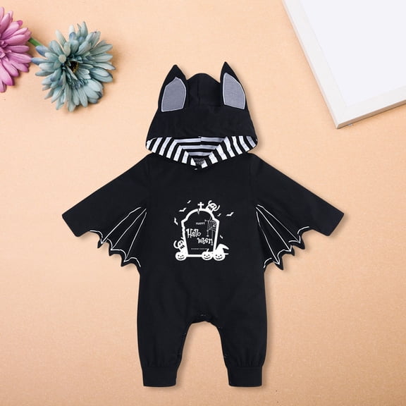 EnJoCho Pumpkin & Skeleton Print Halloween Romper for Babies, Zipper Front Romper with Cute Bat Wing Hood