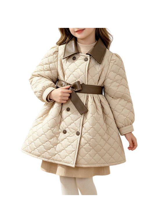 Quilted Dress Coat for Kids Girls Little Contrast Lapel Collar Double Breasted Puffer Jacket with Belt Bow Fall Special Occasions
