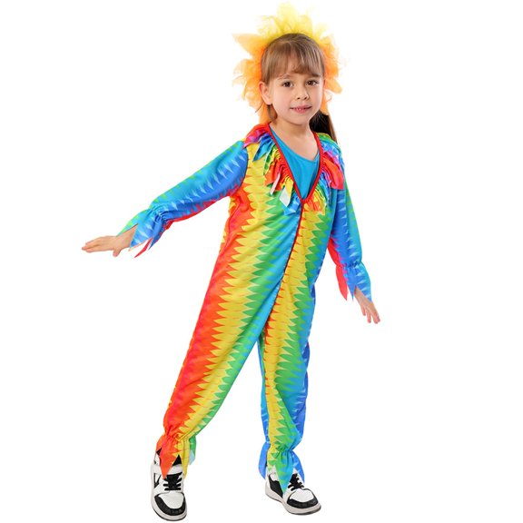 EnJoCho Rainbow Color-Block Stage Performance Jumpsuit for Girls Long Sleeve Ruffle Collar Zigzag Print Dance Outfit for Girls Dance Recitals Talent Shows Stage