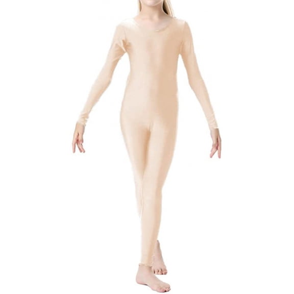 EnJoCho Shiny Long-Sleeve Scoop-Neck Unitard for Girls Ballet Gymnastics Full Body Footless Leotard Performance Bodysuit for Girls Ballet Gymnastics Dance Class