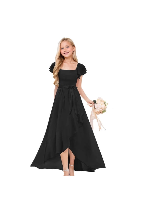 Short Sleeve Flower Girl Dress for Wedding, High Low Hem Rufle Chiffon Bridesmaid Gown Junior Formal Special Occasion Party