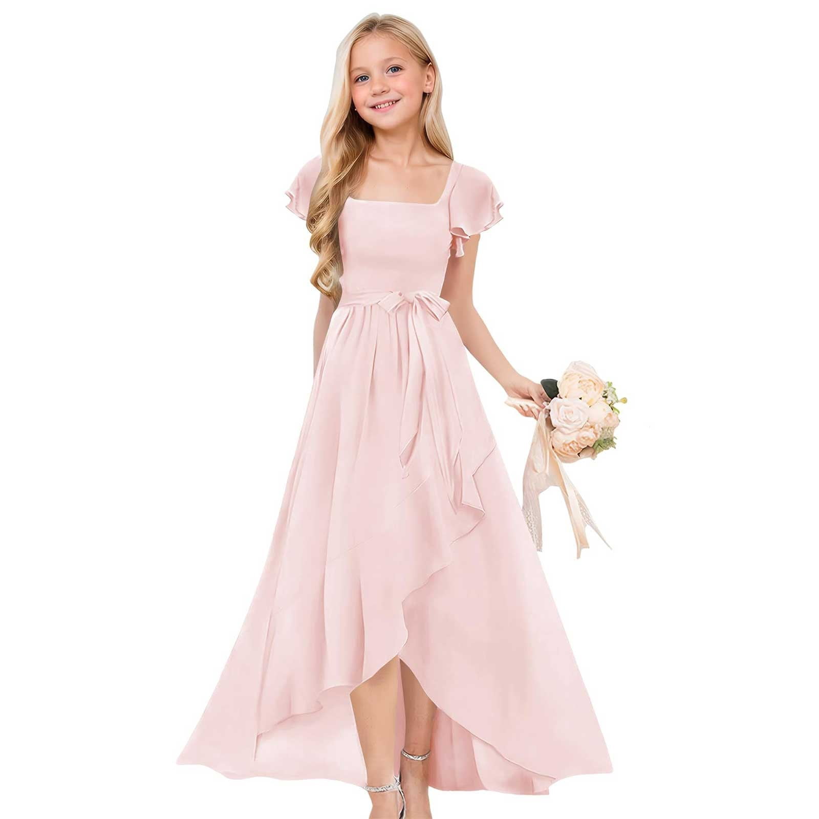 EnJoCho Short Sleeve Flower Girl Dress for Wedding, High Low Hem Rufle Chiffon Bridesmaid Gown Junior Formal Special Occasion Party