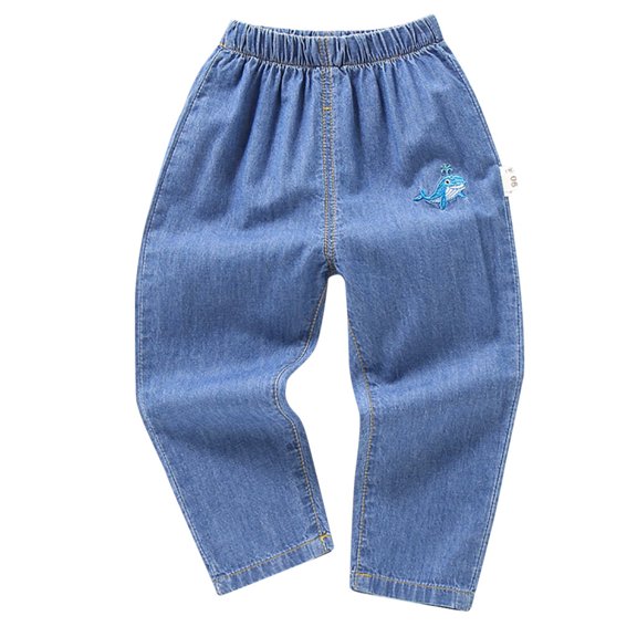 EnJoCho Simple Baby Girl Children Baby Boy Girl Cartoon Hole Denim Long Pants Elastic Waist Jeans Clothes Kids Clothes Clearance 3-4 Years
