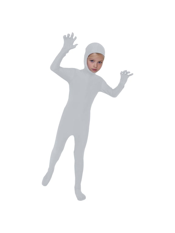Solid Color Full-Body Hooded Bodysuit for Kids Boys Girls, Stretchy Spandex Stage Unitard with Back Zipper, Footed Performance Base Outfit, for Everyday Play
