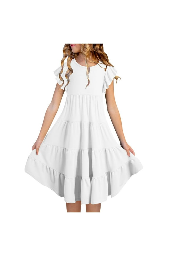 Summer Beach Sundres𝗌 Teens Girls Summer Dresses Crewneck 𝖥lutter Sleeve 𝖥lowy A-Line Sundres𝗌 Casual Gradient Midi Dresses for 6-15 Years