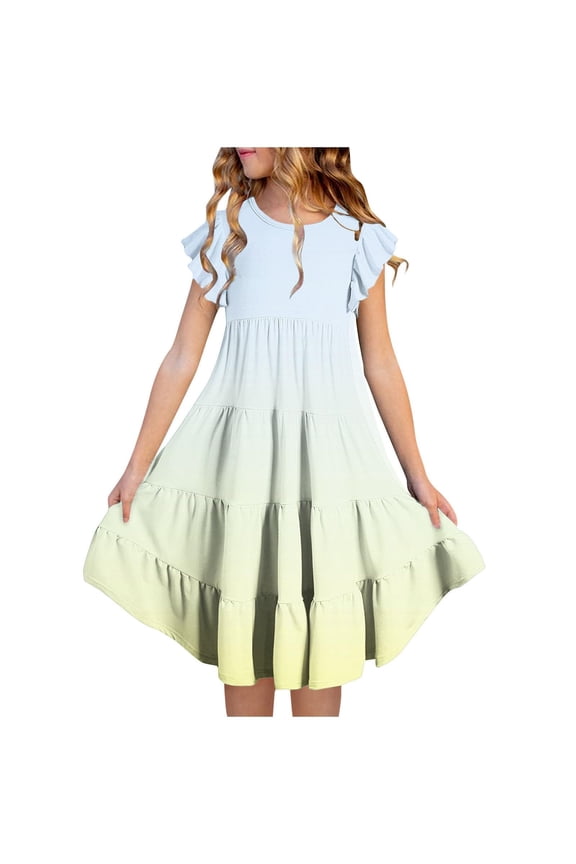 Summer Beach Sundres𝗌 Teens Summer Dresses for Teens Girls 2026 Casual 𝖥lutter Sleeve Tiere𝖽 Dress Cute Gradient 𝖥lowy Sundres𝗌 Girls Fashion 6-15T