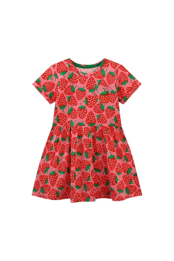 Summer Children's Clothing Skirt Wind Girl Strawberry Dress Knitted Cotton Cartoon Printing Princess Dress Baby Kids Casual Dresses Cute Girl Party Wear Clothes