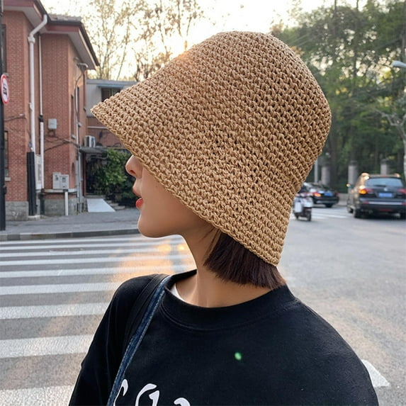 EnJoCho Summer Fishing Cap for Women Woven Hat Small Fresh Beach Sunshade Hat Women's Small Brimmed Fisherman Hat