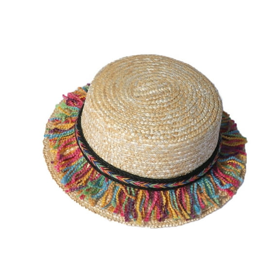 EnJoCho Summer Sunhat Parent-child Women Baby Kids Girl Beach Bow Straw Flat Brim Round Sun Hat Cap with Small Furry Balls