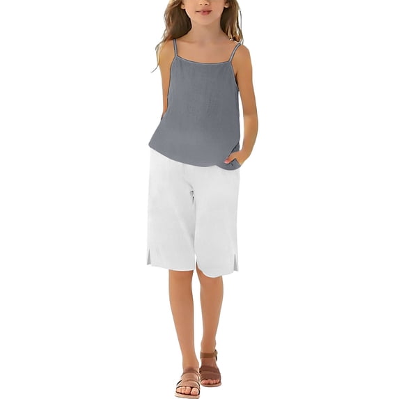 EnJoCho Teen Girls 2 Piece Cotton Linen Outfit Summer Casual Trendy Sets Sleeveless Cam𝗂 Tank Tops Loose Wide Leg Flowy Palazz𝗈 Shorts Girls Shirt And Shorts Set