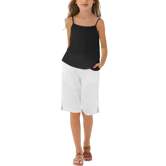 EnJoCho Teen Girls 2 Piece Cotton Linen Outfit Summer Casual Trendy Sets Sleeveless Cam𝗂 Tank Tops Loose Wide Leg Flowy Palazz𝗈 Shorts Girls Shirt And Shorts Set