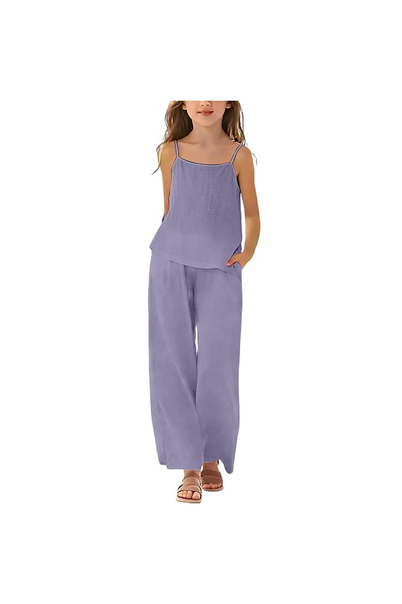 Teen Girls 2 Piece Cotton Linen Outfit Summer Casual Trendy Sets Sleeveless Cami Tank Tops Loose Wide Leg Flo𝗐y Palazz𝗈 Pants Sets Little Girls Linen Short Sleeve Pants Outfit