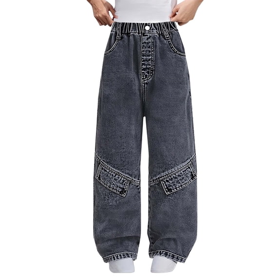 EnJoCho Teen Girls Cargo Jeans Wide Leg Ripped Baggy Elastic High Waist Vintage Denim Pants Multi Pocket Bottoms Hi𝗉 Hop Style For Kids Holiday Streetwear Fashion Outfit