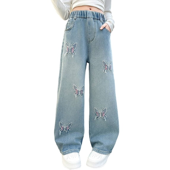 EnJoCho Teen Girls Cargo Jeans Wide Leg Ripped Baggy Elastic High Waist Vintage Denim Pants Multi Pocket Bottoms Hi𝗉 Hop Style For Kids Holiday Streetwear Fashion Outfit