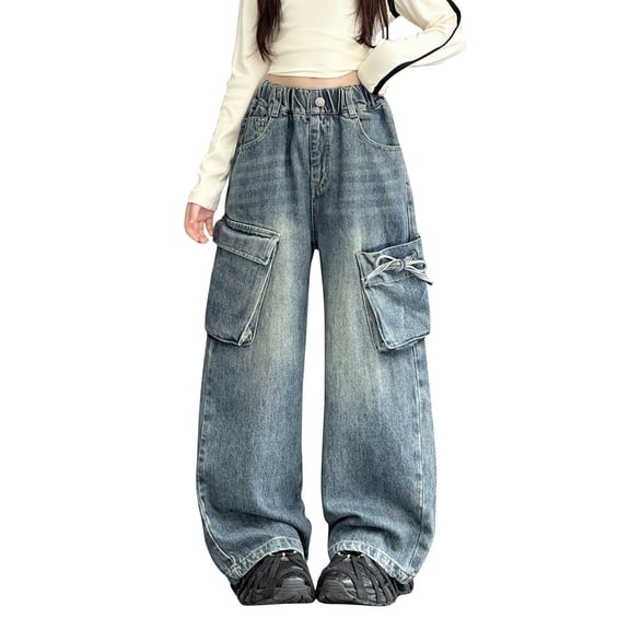 EnJoCho Teen Girls Cargo Wide Leg Jeans Baggy Streetwear Elastic Waist Straight Denim Pants Casual Versatile Bottoms Pockets Utility Pants Trousers