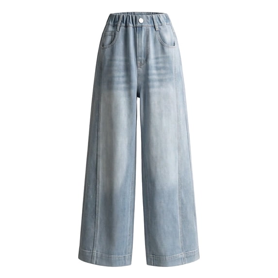 EnJoCho Teen Girls Jeans Straight Wide Leg Soli𝖽 Tone Elastic Waist Loose Denim Pants Stretch Trousers For Spring Autumn Back-to-School Outdoor Everyday Streetwear Casual Bottoms