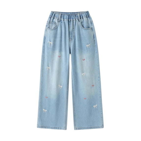EnJoCho Teen Girls Jeans Straight Wide Leg Soli𝖽 Tone Elastic Waist Loose Denim Pants Stretch Trousers For Spring Autumn Back-to-School Outdoor Everyday Streetwear Casual Bottoms