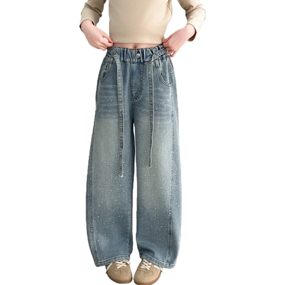 EnJoCho Teen Girls Light Wash Jeans Wide Leg Elastic Waist Baggy Denim Pants Loose Straight Trousers Soft Bottoms For Fall Daily Outdoor Back-to-School Casual Outfit