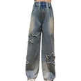 thumbnail image 1 of EnJoCho Teen Girls Star Baggy Jeans Kids Trendy Cute Straight Wide Leg Denim Pants Tween 𝖸𝟤𝖪 Prep𝗉y Elastic High Waist Bottoms Trousers Streetwear Fashion Casual Comfort, 1 of 9