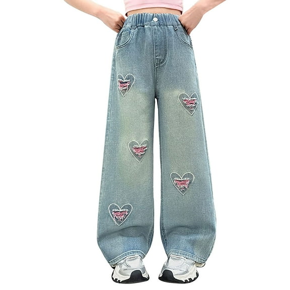 EnJoCho Teen Girls Tween Kids Heart Print Baggy Straight Wide Leg Elastic Waist Jeans 𝖸2𝖪 Trendy Denim Pants Trousers Casual Wear