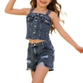 thumbnail image 1 of EnJoCho Teen Kids Girls Summer Clothes Denim Cam𝗂sole Top + Raw Hem Ripped Jeans Shorts 2PCS Outfits Trendy Crop Tank Tops Short Set Preschool Girls Matching Shirt and Shorts Set, 1 of 9