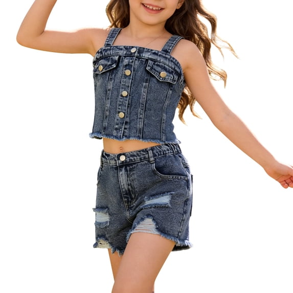 EnJoCho Teen Kids Girls Summer Clothes Denim Cam𝗂sole Top + Raw Hem Ripped Jeans Shorts 2PCS Outfits Trendy Crop Tank Tops Short Set Preschool Girls Matching Shirt and Shorts Set