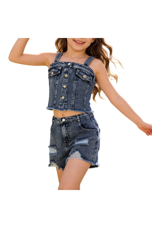 Teen Kids Girls Summer Clothes Denim Camđť—‚sole Top + Raw Hem Ripped Jeans Shorts 2PCS Outfits Trendy Crop Tank Tops Short Set Preschool Girls Matching Shirt and Shorts Set