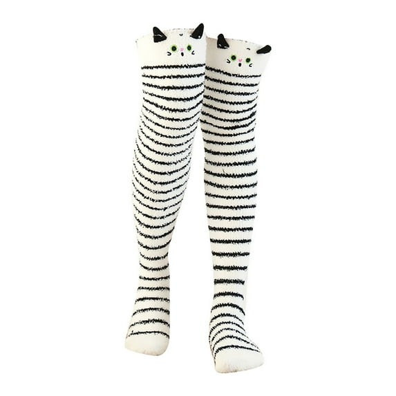 EnJoCho Thick Fluffy Coral Fleece Knee High Socks For Ladies Women's Coral Thickened Cartoon Striped Warm Towel Floor Socks 2PC Stockings