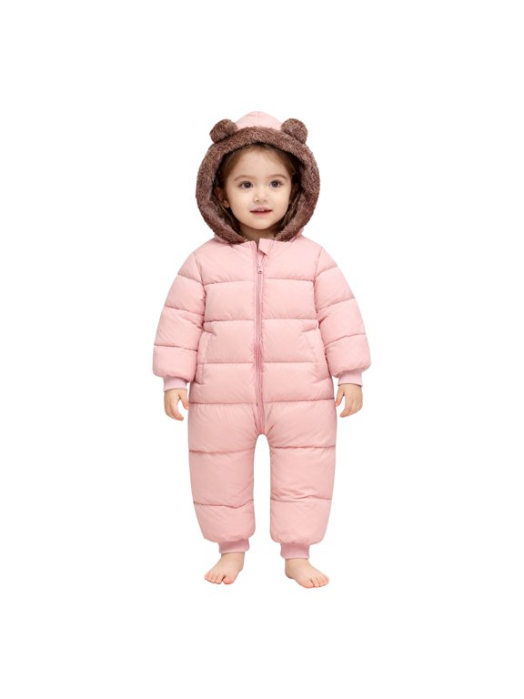 Thick Warm Bear Ear Hooded Coverall for Baby Boys Girls, Fleece Lined Winter Snowsuit with Front Zipper and Ribbed Cuffs for Winter Outdoor for Baby Boys