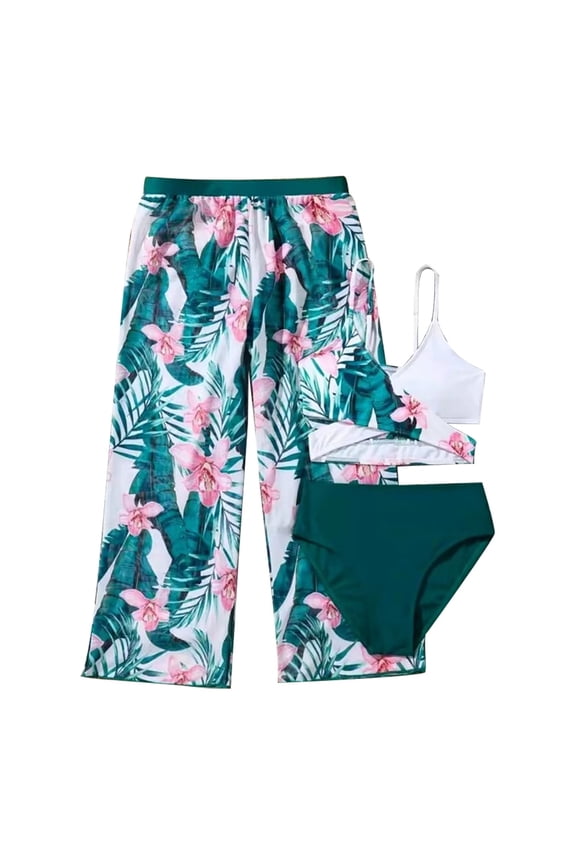 Three-Piece Floral Bikini Set For Tween Girls Girl's 3 Piece Swimsuit Butterfly Print Bikini Set Bathing Suit With Mesh Pants Floral Print Bikini Set For Preteens