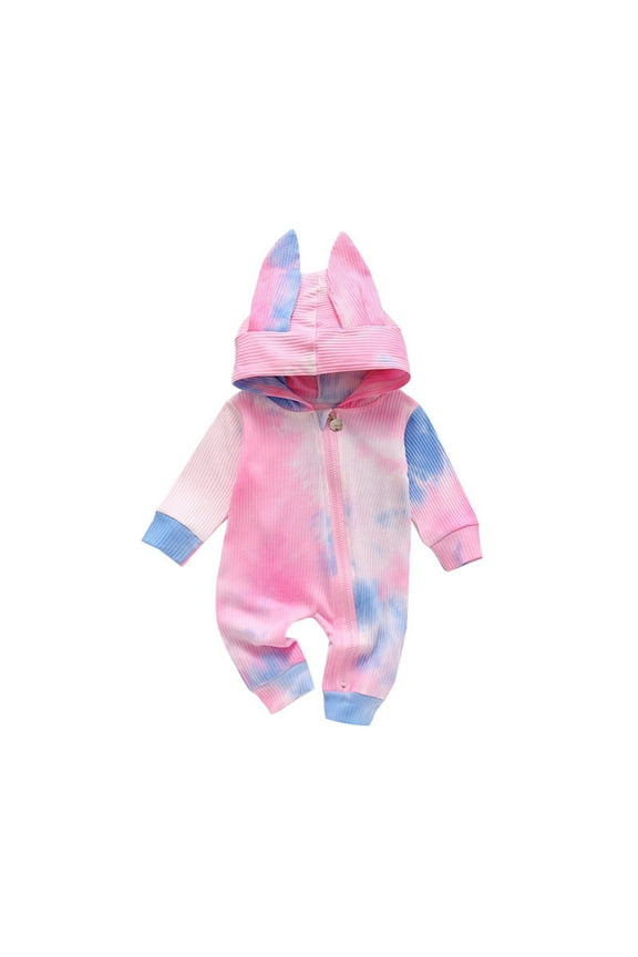 Tie-Dye Bunny Print Romper - Easy-Zip Baby Jumpsuit with Long Sleeves, Multi-Season Playdate Essential (0-3 Months,Purple)