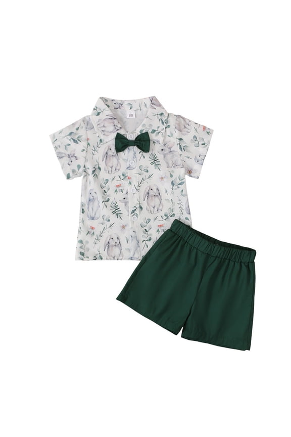 Toddler Baby Boy Easter Outfit Toddler Boy Bunny Print Button Up Shirt Top+Shorts Suits Set Summer Clothes (Green,6-12 Months)