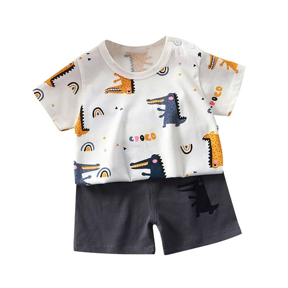 EnJoCho Toddler Baby Boy Summer Outfit Boys Summer Cartoon Printing Short Sleeve T-shirt Top Elastic Waist Shorts 2PC Set Summer Outfit 2Pcs