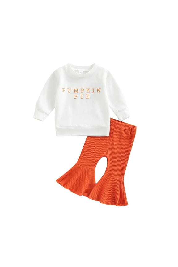 Toddler Baby Girl Long Sleeve Crewneck Sweatshirt with Flared Pants Set, Pumpkin Hallow-een Outfit Fall Little Girl Clothes Cute and Comfy Two-Piece Playwear