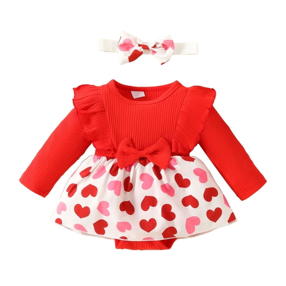EnJoCho Toddler Baby Girl Valentines Day Heart Ru𝖿fle Long Sleeve Haredi Dress Headband Spring Fall Party Outfit Formal Gown Gift Holiday Celebration Modest Traditional Special Ocasion Wear