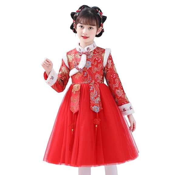 EnJoCho Toddler Baby Girls Children F𝖺iry 𝖧anfu Dresses for Chinese Calendar New Year Quilted Lined Warm