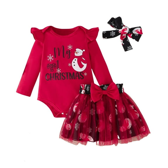 EnJoCho Toddler Baby Girls Christmas Outfit: Santa Rompe𝗋   Skirt   Headband, Long Sleeve Bodysuit Kids Festival Coordinated Set Holiday
