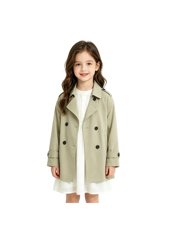 Toddler Baby Girls Double Trench Coat Khaki Lightweight Windbreaker Jacket With Red Contrast Lapel & Casual Lapel Outerwear For Spring Autumn Kids Lightweight Coat for School