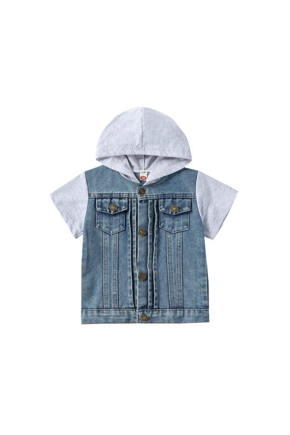 Toddler Boy's Color Blocš Denim Jacket Hooded Short Sleeve Button Down Coat Outerwear Girl's Basic Denim Jacket Flap Pocket