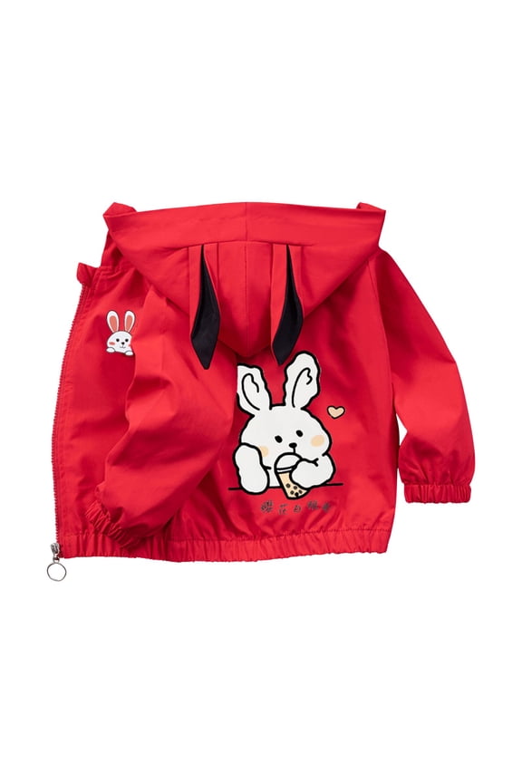 Toddler Boys Girls Cute Bun𝗇y Graphic Hooded Jacket Long Sleeve Zip Up Windproof Coats Outdoor Hiking Jacket Baby Windbreaker Rain Coat