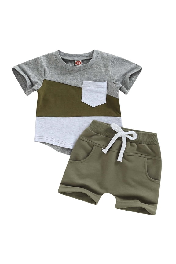 Toddler Boys Round Neck Short Sleeve Color Combination Print Top And Solid Shorts For Boys Summer Outfits Toddler Boy Summer Outfits