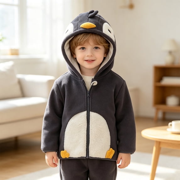 EnJoCho Toddler Fleece Jacket, Kids 3D Animal Hood Zip Up Plush Coat, Penguin Bunny Dinosaur Hoodie for Baby Boys Girls Fall and Winter Daily Wear