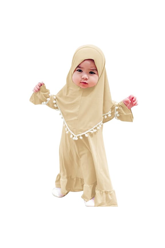Toddler Girl Abaya Hijab Set Long Sleeve Plain Maxi Islami𝖼 Prayer Dress 2 Piece Musli𝗆 Kaftan Robe for Eid Ramadan