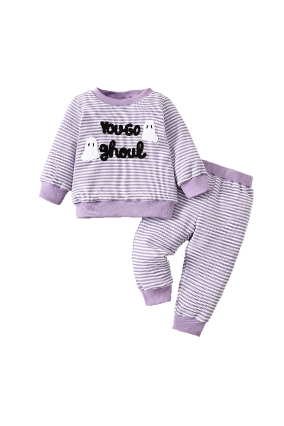 Toddler Girl Embroidery Long Sleeve Sweatshirt and Striped Wafle Pants Set, Fall Winter Outfit Cozy Thermal Clothes for Girls Comfy Loungewear