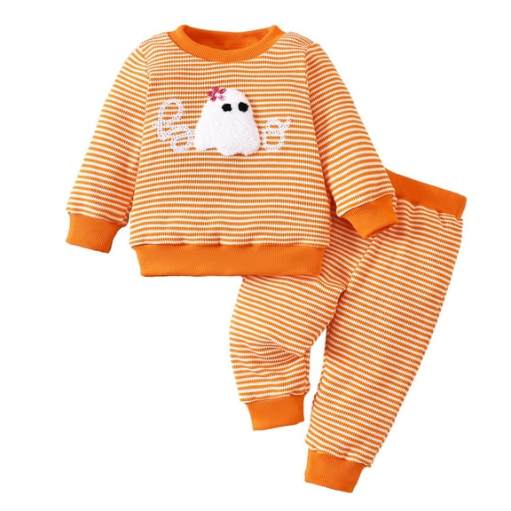 EnJoCho Toddler Girl Embroidery Long Sleeve Sweatshirt and Striped Wafle Pants Set, Fall Winter Outfit Cozy Thermal Clothes for Girls Comfy Loungewear