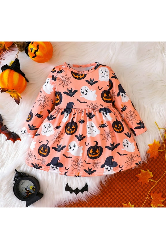Toddler Girl Halloween Dress Long Sleeve Pumpkin Print Casual Crew Neck Par𝗍y Outfit 2-8 Years