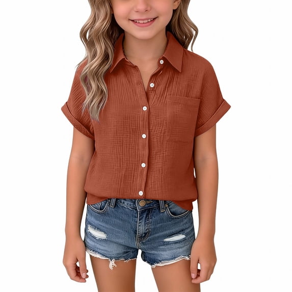 EnJoCho Toddler Girl Short Sleeve Shirt Girls Linen Shirt Button Down Short Sleeve Cotton Shirts Teen Girl Summer Hawaiian Top Fashion
