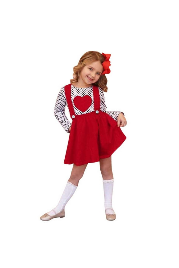 Toddler Girl Valentine Two Piece Set Dot Heart Print T-Shirt Tee Top Suspenders Skirt Outfit Clothes Matching Coordinates